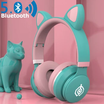 

Cute Cat Bluetooth 5.0 Headset Wireless Stereo Music Headphones LED Light Mobile Phone Girl Daughter Headset Support TF Card