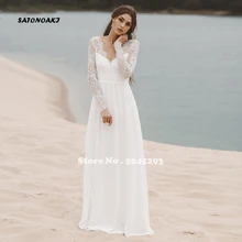 Простое пляжное свадебное платье с длинным рукавом, кружевной топ, шифоновая юбка, ТРАПЕЦИЕВИДНОЕ свадебное бохо-платье с v-образным вырезом на спине, Vestido De Noiva