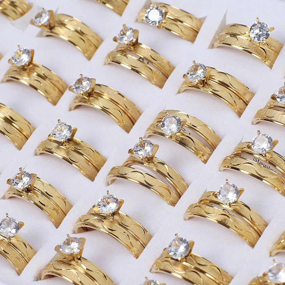 Wholesale 12Sets Cubic Zircon Stainless Steel Rings Men Women Wedding Jewelry FREE Shipping 5
