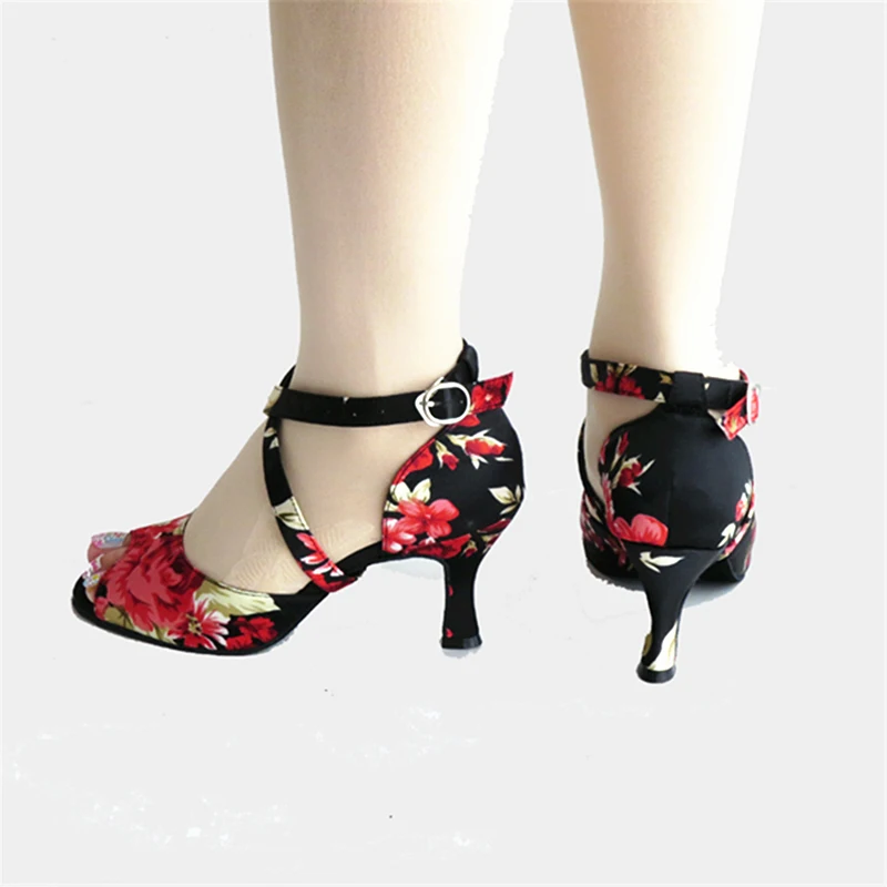 Женская танцевальная обувь для латинских танцев, танго, танцевальная обувь на каблуке, шелковая печать, сальса, Свадебная обувь для танцев