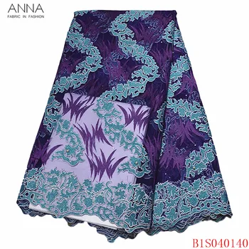 

Anna purple nigerian tulle lace mesh fabric embroidered with beads and stones 5 yards/piece african net laces fabrics for sewing