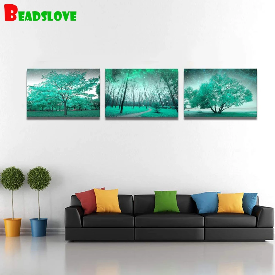 3 Piece diamond painting Wall Art Teal Green Tree Forest Triptych Landscape embroidery full drill sqaure round diaomnd | Дом и сад