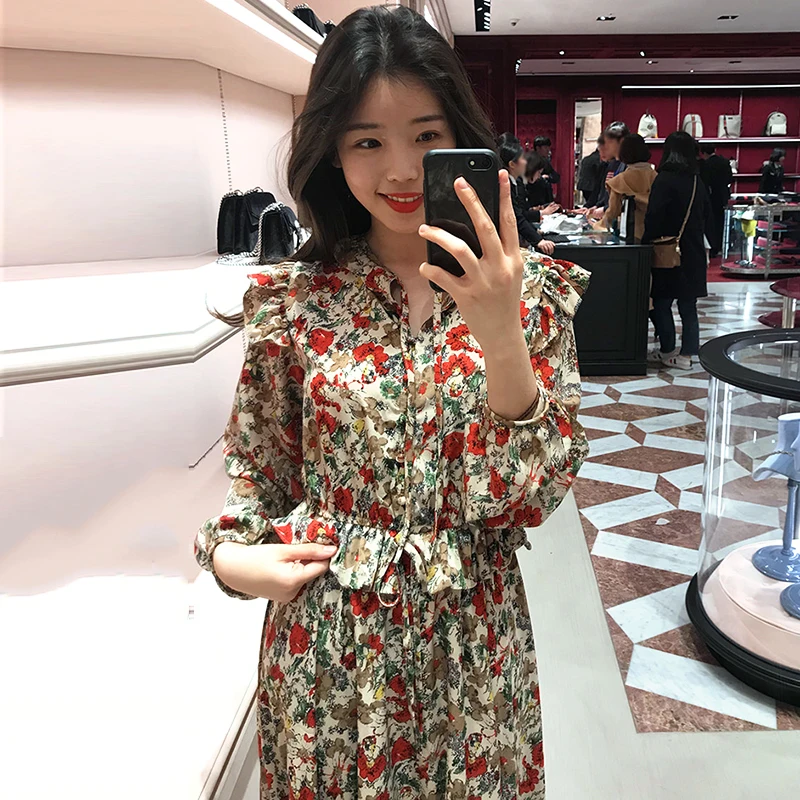 

Romantic Flower Print One Piece Dress Ruched Hem Ruffles Vintage Long Dress Spring Autumn Robe Longue Vestido Largo Vestiti Lung