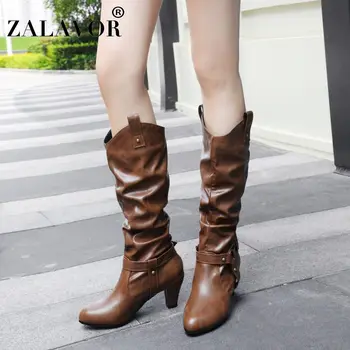 

ZALAVOR Women Knee High Boots Western Style High Heels Winter Autumn Shoes Women Metal Rivets Casual Long Boots Size 33-43