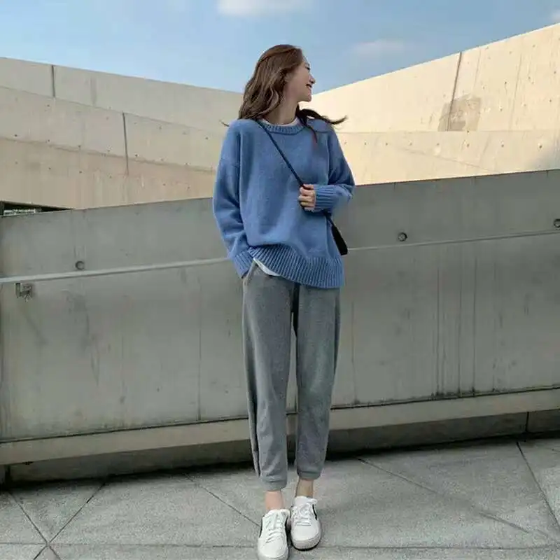 Blue Set Осенний Женский комплект из 2 предметов, комплект свитеров, Повседневная зимняя одежда, вязаный пуловер, свитер, топы+ эластичные штаны, спортивный костюм, комплекты, спортивные костюмы - Цвет: Blue Set