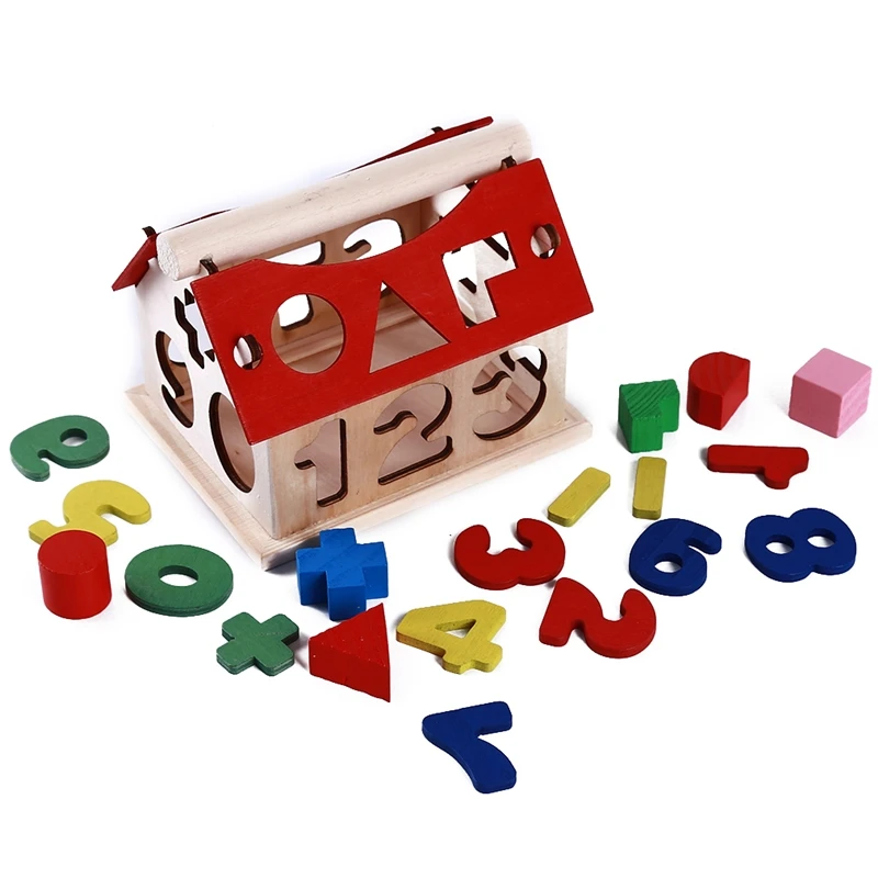 

Wooden Building Block Houses Toy Geometry Box Pairing House Digital Number Kids Children Building Educational Blocks