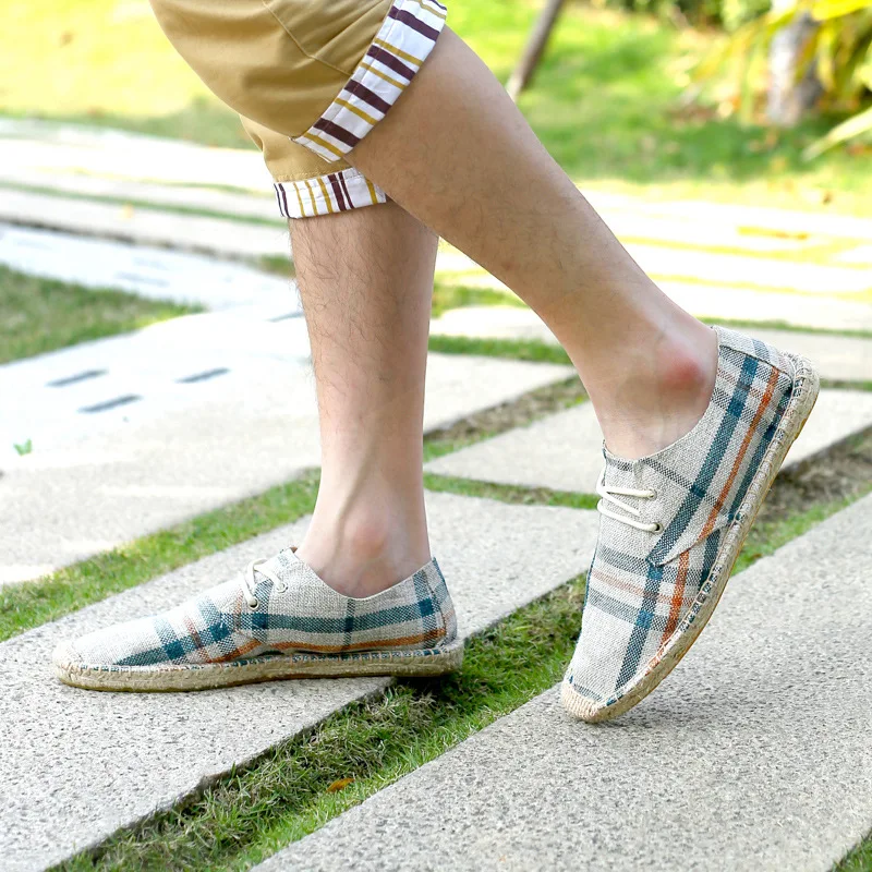 

Summer New Style Canvas Shoes Breathable Men Casual Lace-up Hemp Rope Weaving Rubber Sole Plaid Cloth Shoes STUDENT'S Shoes Men'