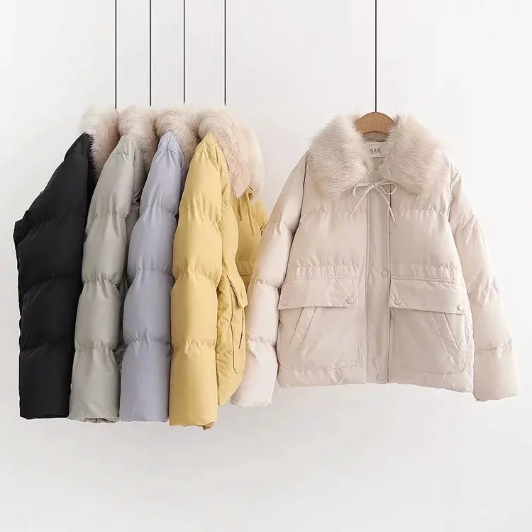 

2019 New Style Sweet Simple Solid Color Thick Warm Deconstructable Fur Collar Short down Coat Cotton-padded Clothes Women's