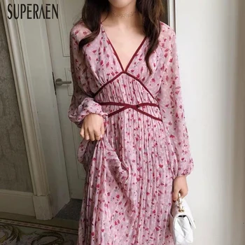

SuperAen Fashion Women Beach Chiffon Pleated Dress Spring and Summer 2020 New Ladies Dress Long Sleeve Women Clothing