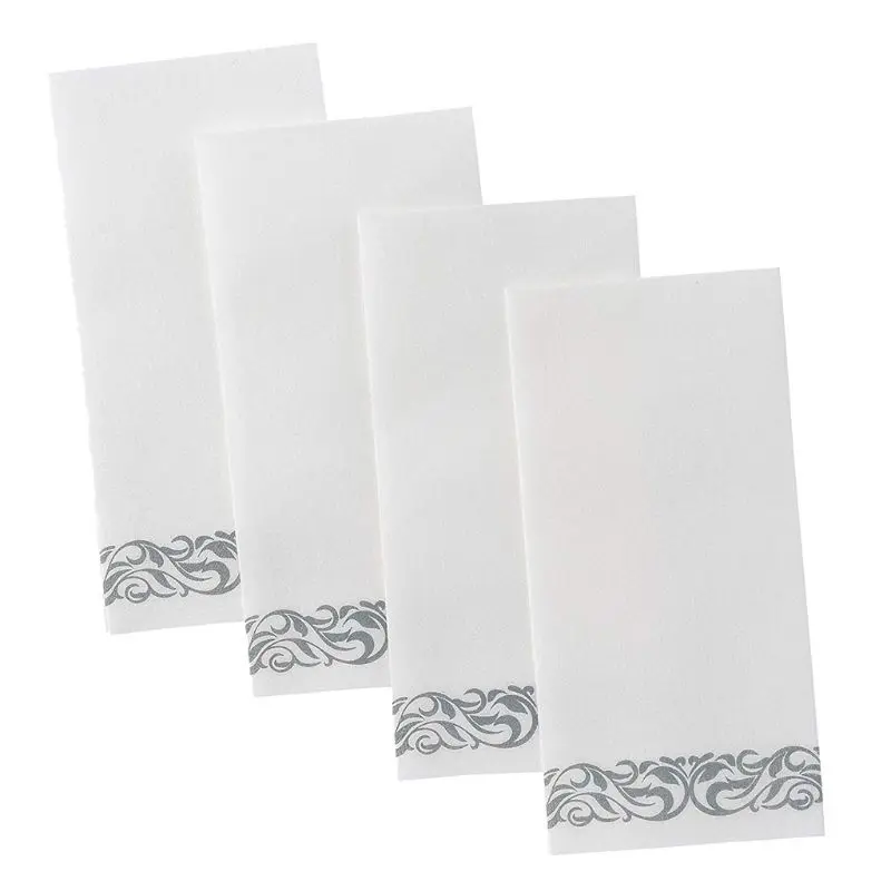 Disposable Linen-Feel Guest Towels-Decorative White Hand Towels, Silver Floral Cloth-Like Paper Napkins