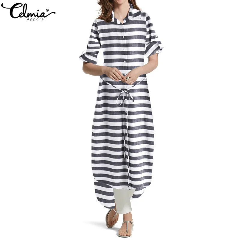 

Celmia 2019 Plus Size Maxi Long Dress Women Summer Retro Striped Shirt Dress Casual Irregular Belted Beach Vestidos Kaftan Mujer