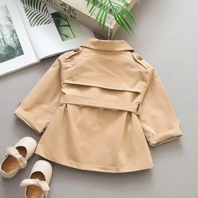 

New Style Kids' Overcoat Female Baby Korean-style Pure Cotton Double Breasted Trench Coat Simple Bow Belt Tops