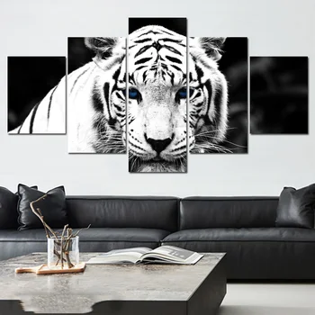 

Modern Black And White Tiger Posters And Prints 5 Panels Canvas Painting On Wall Art Animal Picture For Living Room Decoration