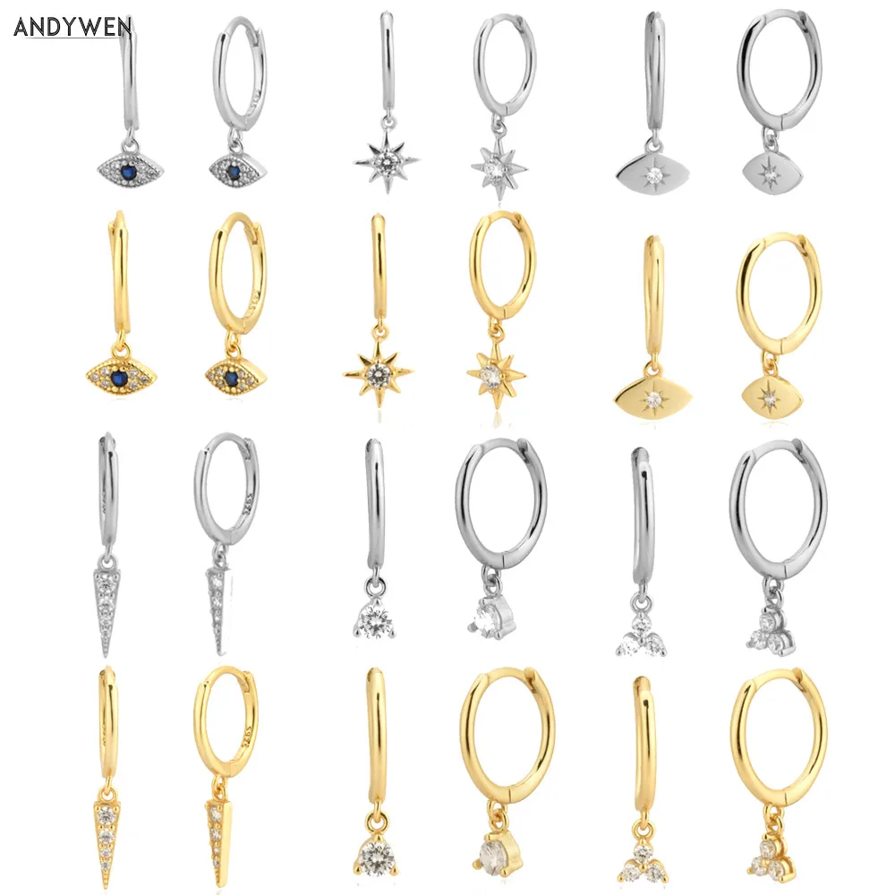 ANDYWEN-Pendientes colgantes de plata de ley 925 para mujer, pendientes de cristal finos con dijes, clips circulares, joyería