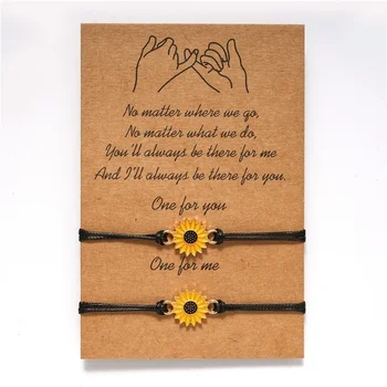 

2Pcs/Set Handmade Sunflower Black Leather String Bracelet Adjustable Bracelet Love and Friendship Bracelet Him and Her Gifts
