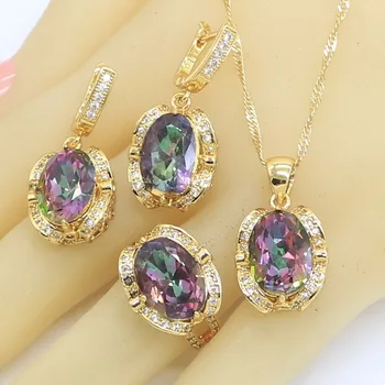 

Gold Color Bridal Jewelry Sets for Women Multi Color Rainbow Semi-precious Earrings Necklace Pendant Rings Gift Box