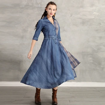 

Summer Dress Women Check Stitching Fashion Denim Dress Female Embroidered Long Casual Dresses High Quality Ladies Vestidos QX287