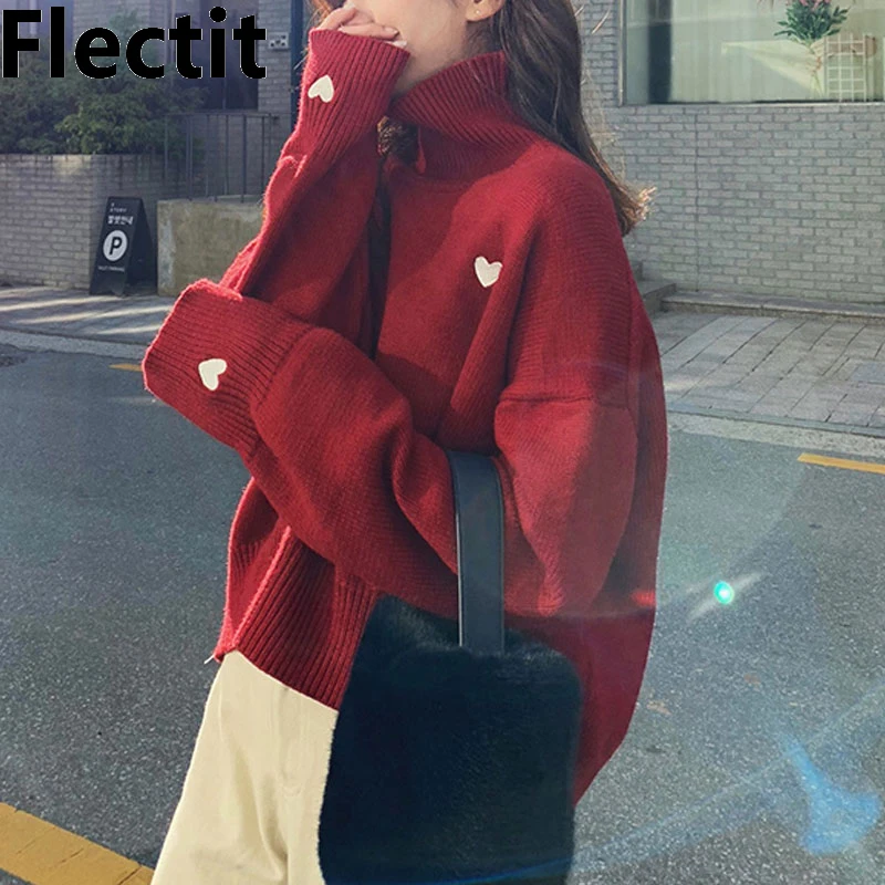 Flectit Womens Roll Neck Jumper Turtleneck Sweater with Embroidered Heart Lazy Oversized Chunky Knit Pullovers | Женская одежда