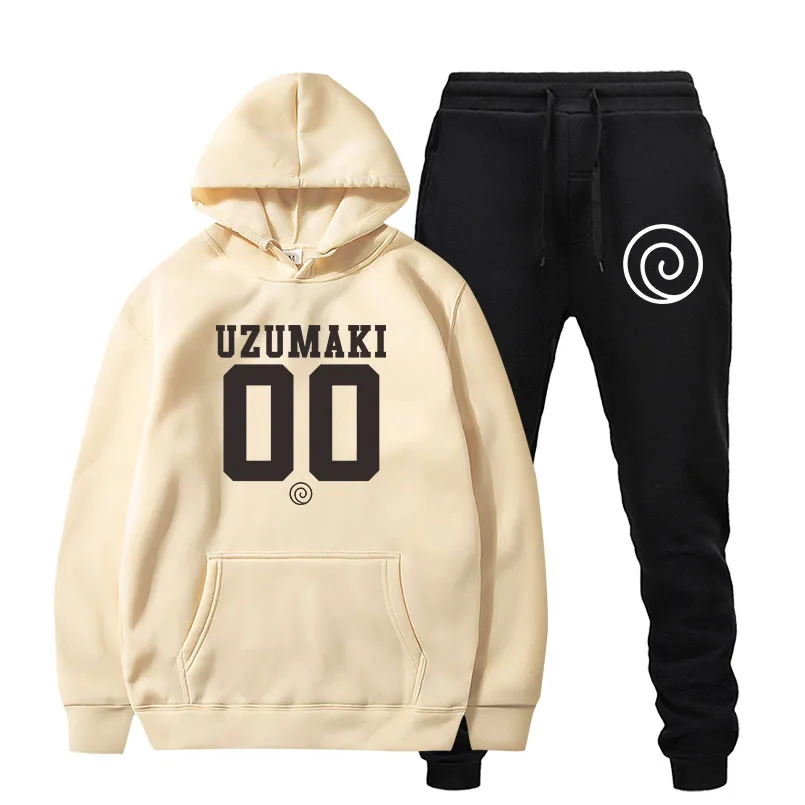 Harajuku аниме Наруто Uzumaki Uchiha толстовки Толстовка спортивные костюмы для женщин мужчин костюм пуловер комплект из двух предметов спортивный костюм - Цвет: khaki  UZ