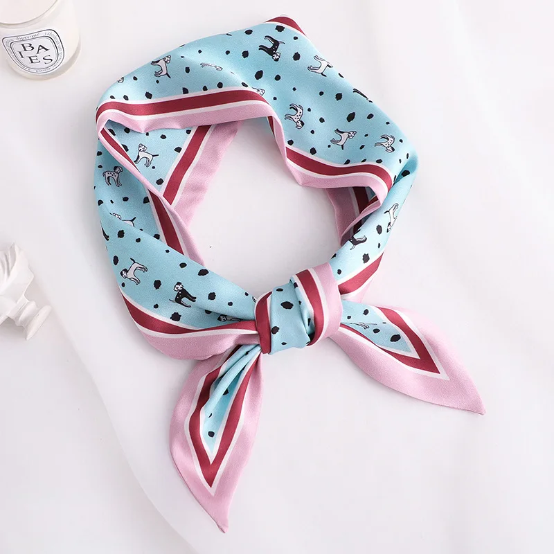 Sweet Love Print Women Small Silk Scarf Handle Bag Ribbons Female Head Scarves Sharp angle Green 90*10cm