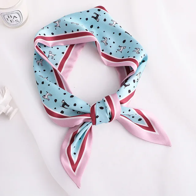 Sweet Love Print Women Small Silk Scarf Handle Bag Ribbons Female Head Scarves Sharp angle Green 90*10cm 2