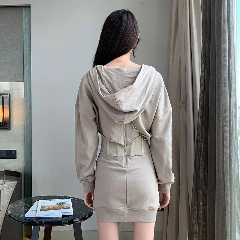 TWOTWINSTYLE корейский стиль, лоскутные платья для женщин, с капюшоном, фонарь, длинный рукав, высокая талия, мини платья для женщин,, осенняя мода, новинка
