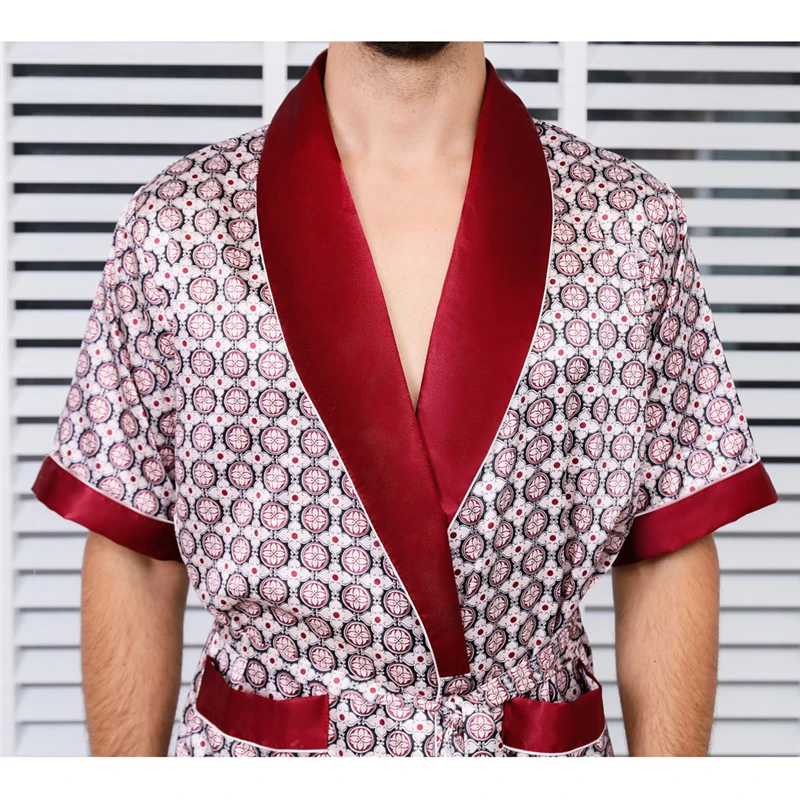 Men's Robe Bathrobe Silk Nightgown Pajamas Kimono Home Bath Gown Summer Short-Sleeve With Shorts 2 Pcs Sleepwear Print Plus Size