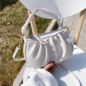 

[BXX] Quality PU Leather Shoulder Bags For Women 2020 Brand Designer Pleated Clouds Handbag Lady Crossbody Messenger Bag HL224