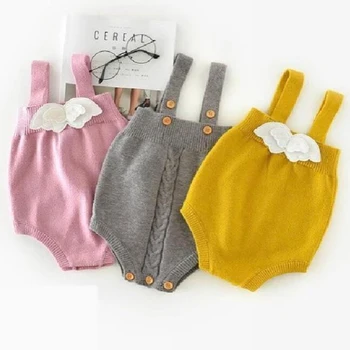

2020 New Cute Baby Rompers Knitted Newborn Clothing With Angel Wings Autumn Winter Warm Sleeveless Vest Baby Girls Body Jumpsui