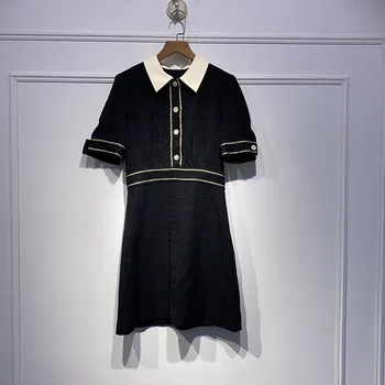 

Women's Autumn Short Dresses Half Single Breasted Metal Buttons Fashion Contrast Color Turn-down Collar Slim Mini Dress