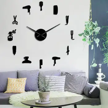 

Large Decorative Wall Clocks Hair Cut Hairdresser Tool Decor DIY Clocks 3D Wall Sticker Quartz Clock Barber Shop Room Decoration
