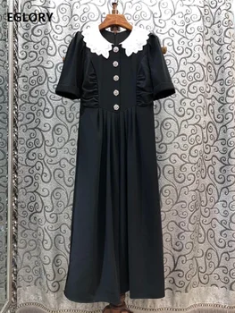 

Top Quality New Black Dress 2020 Summer Women Color Block Turn-down Collar Beading Button Deco Short Sleeve Mid-Calf Dress OL