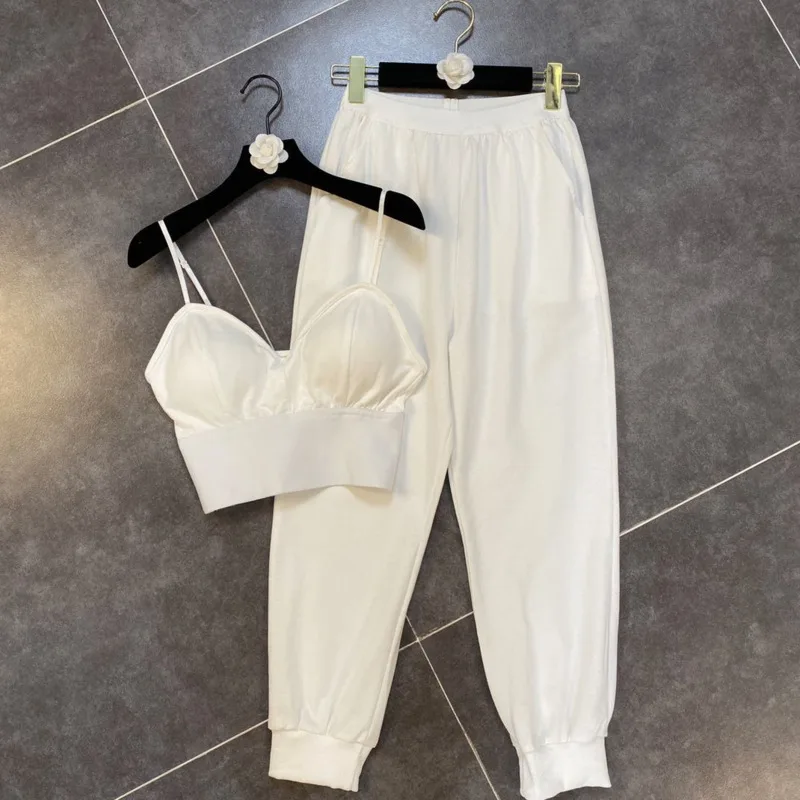 Pants Sets Fashion Casual Stapless Hollow Out Sexy Vest High Waist Long Two Piece Set Women Outfits 2021 New spring summer |