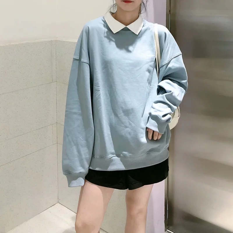 

UNUTH Girls Soft Cotton Turn-down Collar Pullover 2022 Spring-autumn Fashion Ladies Casual Pullover Female Solid Color Pullover