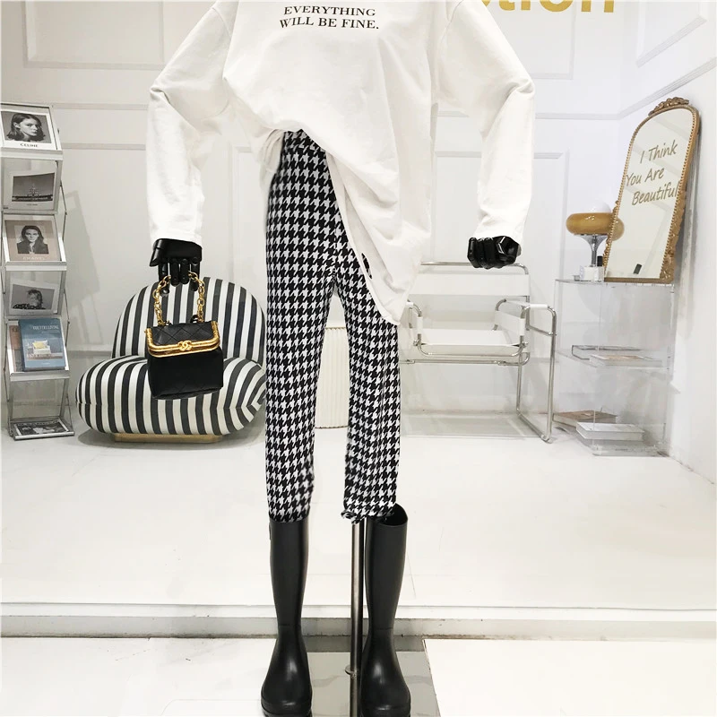 

Black and White Classic Plaid Casual Women's 2020 Autumn New High Waist Thousand Straight Pants Loose Women Leggings