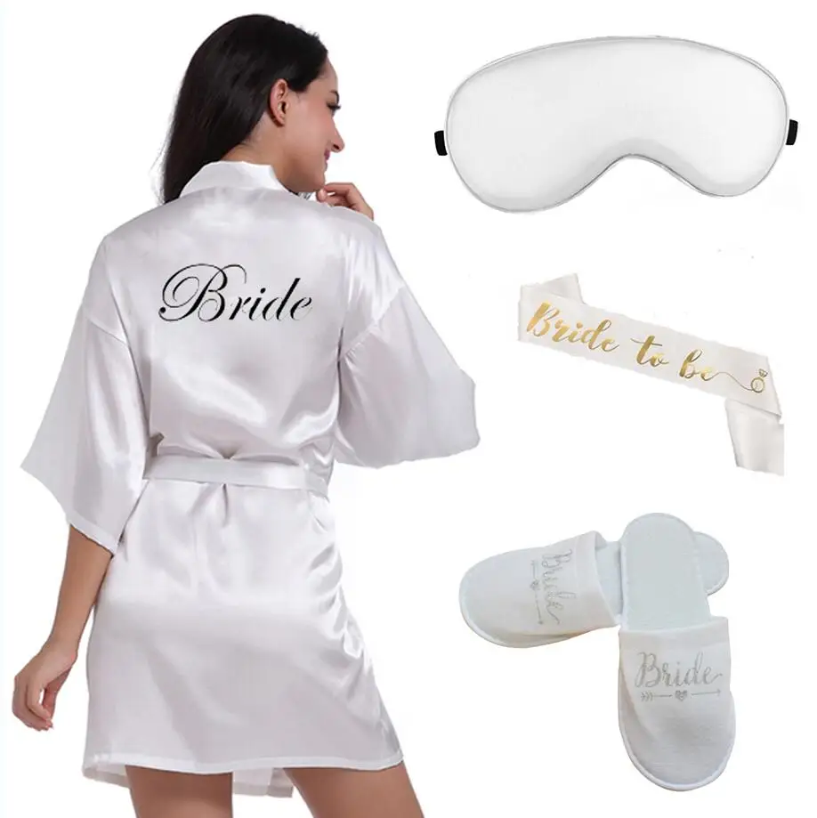 Bride Robes 4pc set of glitter gold bride satin short bride robe slippers bridal sash peignoir women Bridal Party kimono robe