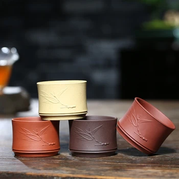 

3 Pieces Purple Clay Yixing Tea Cups Sets All Handmade Bamboo Mugs Creative Drinkware