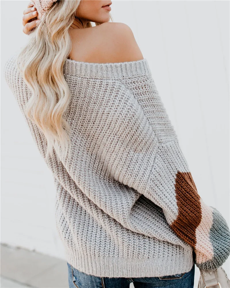 LOGAMI V шеи полосатый рукав вязаный свитер женский свободный пуловер осенние свитера и пуловеры женские модные новые