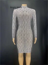 Shining Rhinestones Gray Tassel Sexy Dress Birthday Celebrate Evening Party Show  Dress Fringes Costume Dance Dress
