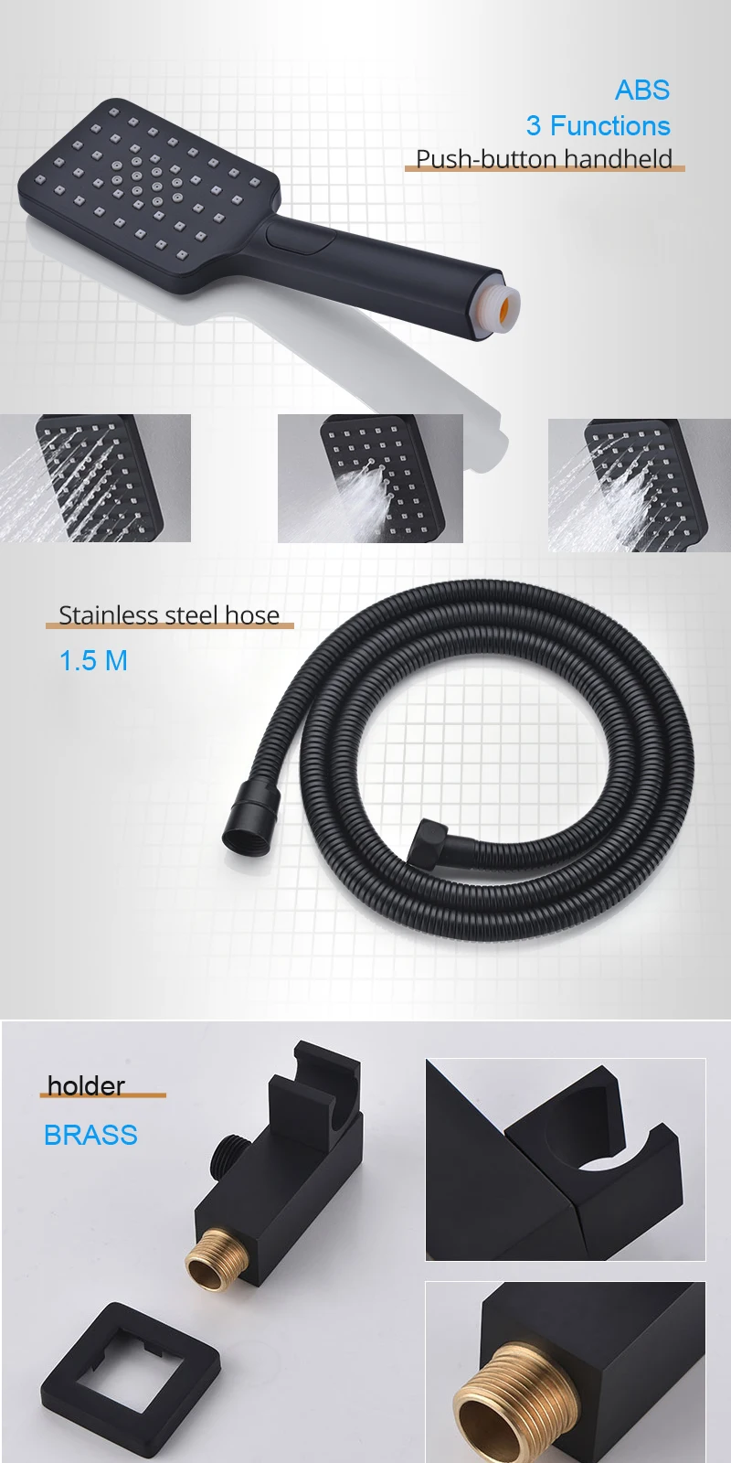 Description Picture 5 of itemHotel Modern Black Shower Set LED Ceiling Rainfall Mist Shower Panel Head Thermostatic Diverter Valve 3 Functions Bathroom