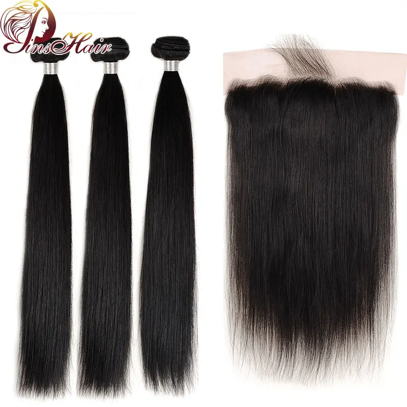 

Peruvian Natural Color Human Hair Bundles With Front Pinshair Non-remy Staight Hair Bundles With Closure Pre Plucked Hairline