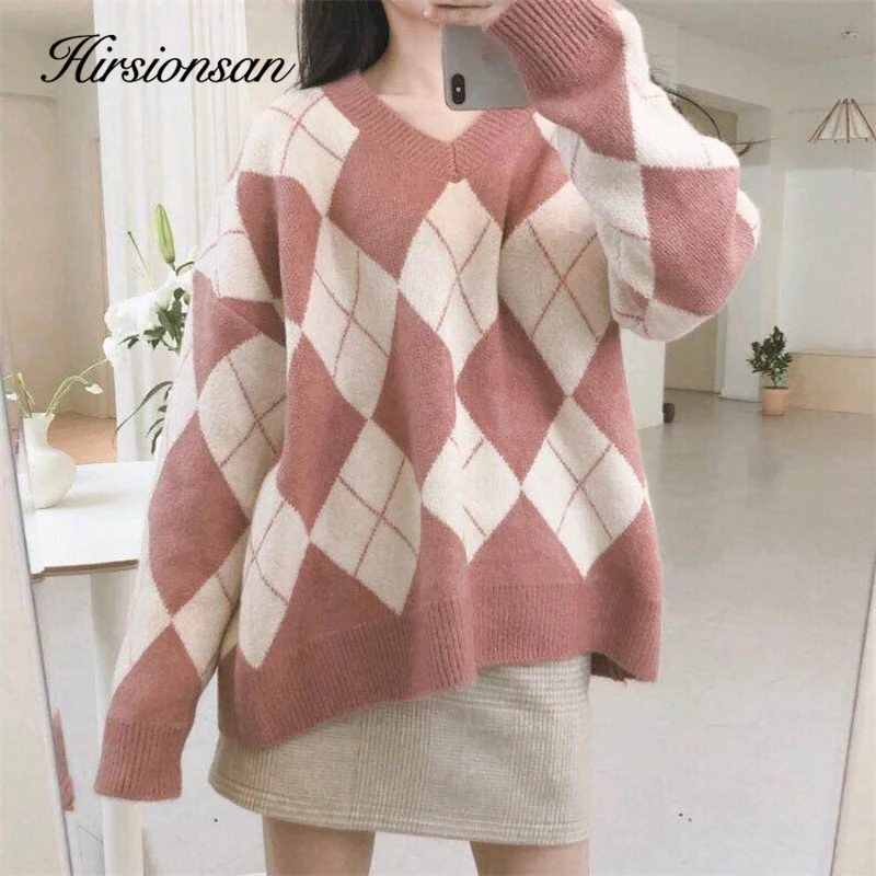 Hirsionsan Women's Sweater Diamond Lattice Soft Thicken V-neck Pullover Pink Clothes Vintage Knitted Oversized Kawaii Women Tops | Женская