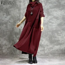 ZANZEA 2019 mujer Otoño Invierno sudadera vestido Pullover mujer cuello alto largo Maxi vestido Vestidos de talla grande vellón vestido de verano(China)