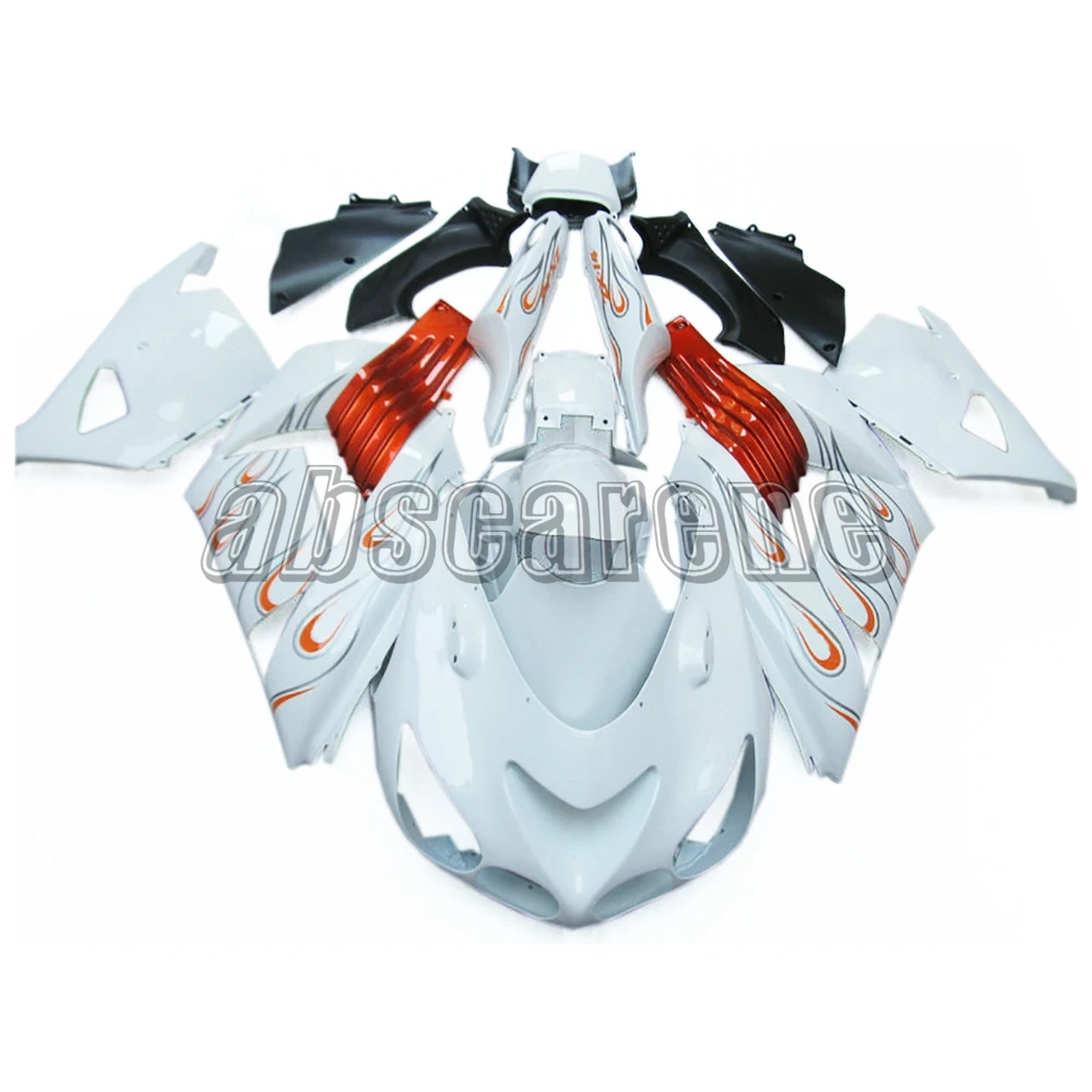 Полный обтекатели для Kawasaki ZX14R ZX-14R ZZ-R1400 2006 2007 2008 2009 2010 2011 из АБС-пластика для мотоцикла кузов белый с оранжевым пламенем