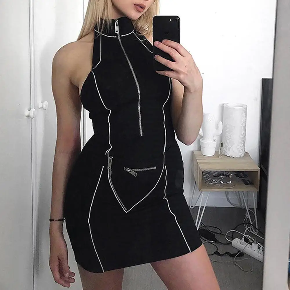 

Fashion Summer Women Solid Tight Fitting Stand Collar Sleeveless Reflective Light Zipper Dress