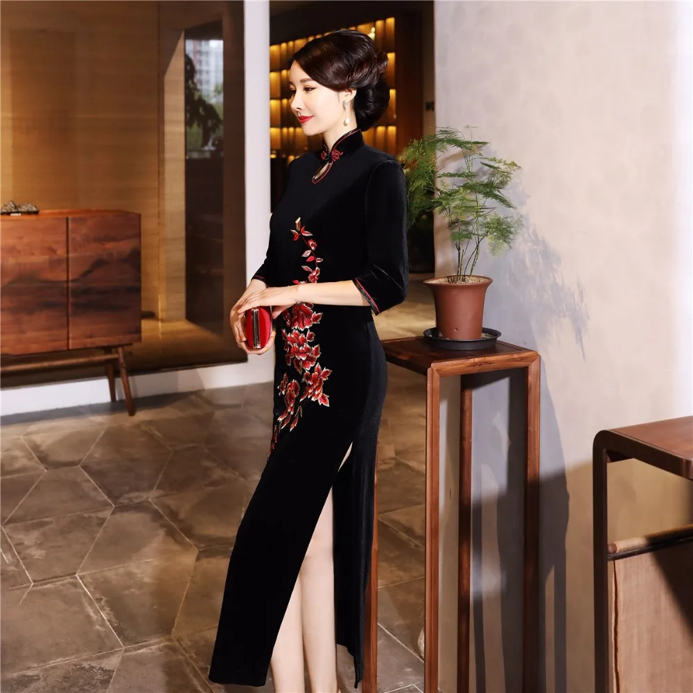 Шанхай история бархат Cheongsam китайское платье вышивка Qipao длинное