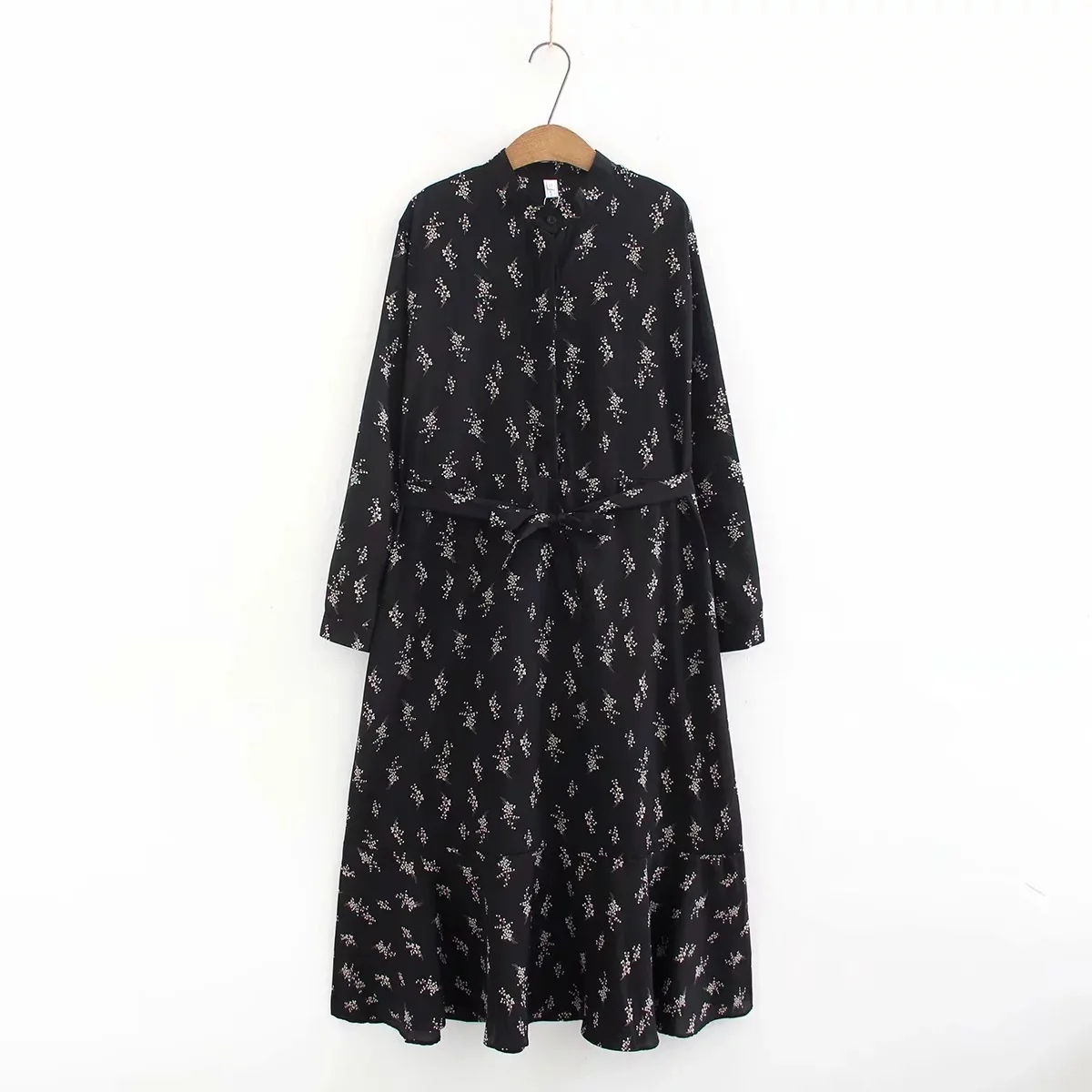 

2020 Spring Korean-style WOMEN'S Wear Small Stand Collar Large Size Long Sleeve over-the-Knee Lace-up Waist Hugging Dress 102-89