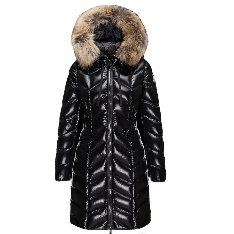 Зимняя куртка, Женское пальто, парка на утином пуху, большой меховой воротник из натурального меха енота, с капюшоном, свободная глянцевая лакированная кожа, зимняя одежда, водонепроницаемая