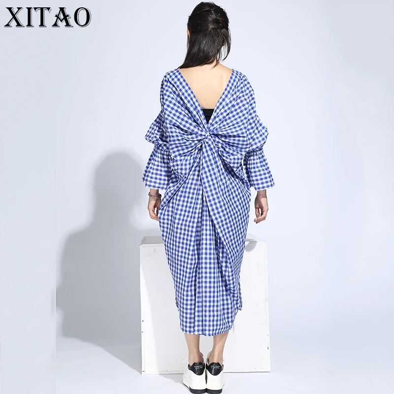 Женское длинное платье в клетку с открытой спиной большого размера|dresses female|dress