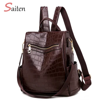 

Women Leather Backpack High Quality Female Vintage crocodile Backpack Anti Theft Shoulder Bag School Bagpack For Teenage Girls